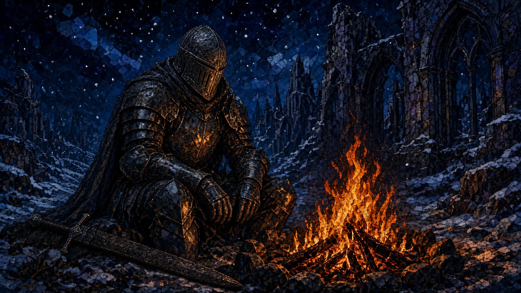 A tarnished knight in a closed medieval helmet by a cozy campfire, sword in its scabbard at his side.