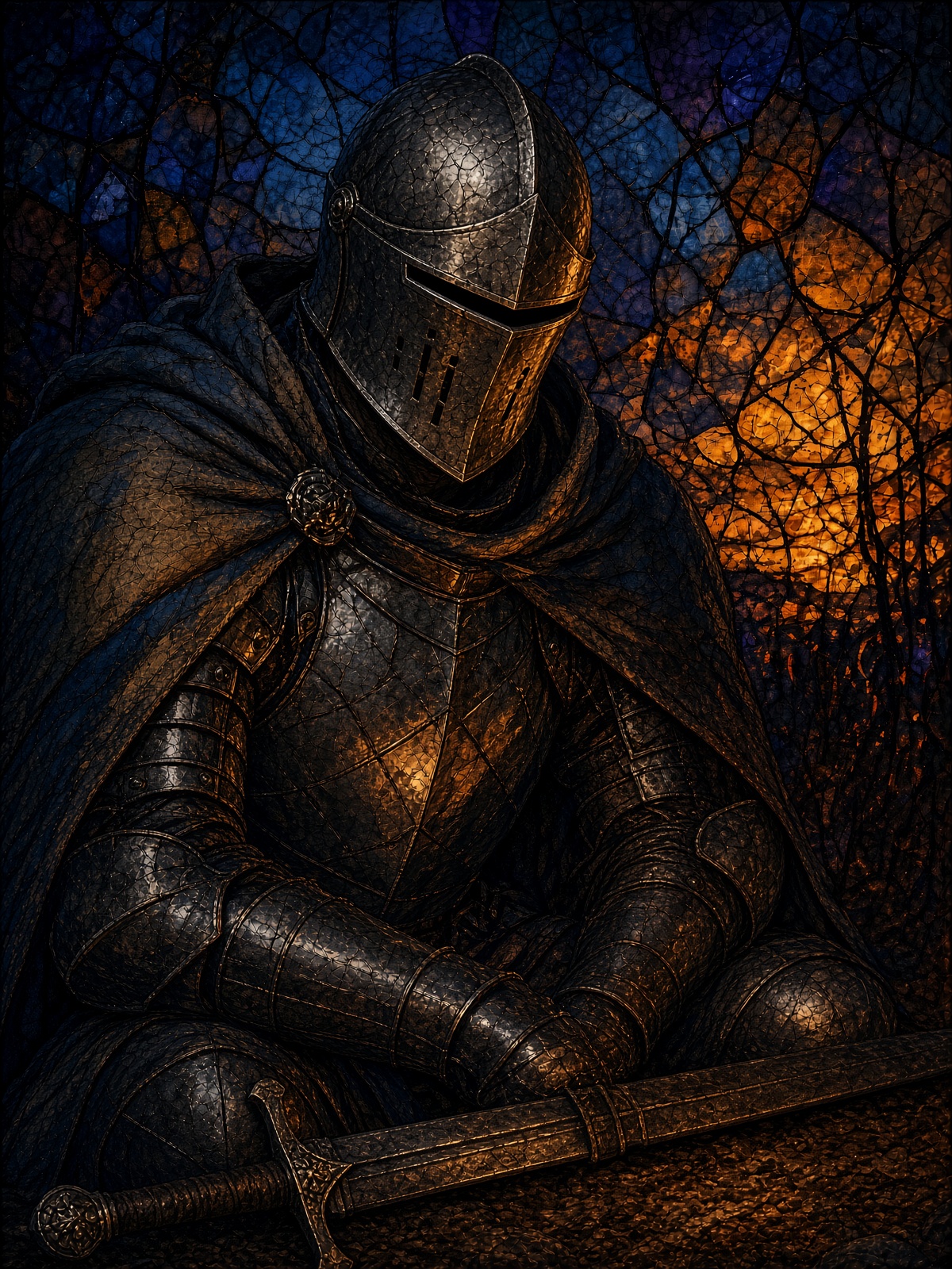 VTuber knight of Knight Time Tales: closed medieval helm, tarnished steel, cozy campfire, sheathed sword beside him.
